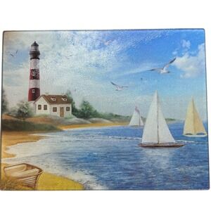 Collections Etc. Coastal Lighthouse Tempered Glass Medium‎ Cutting Board 11"x14"